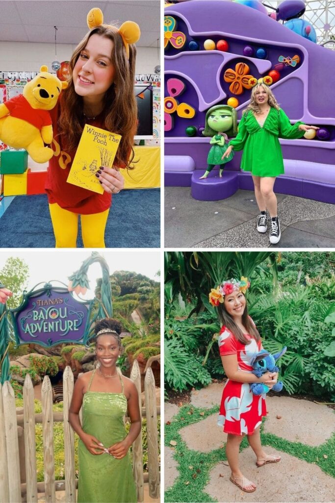 Character day collage of Winnie the Pooh, disgust from Inside Out, Tiana, and Lilo