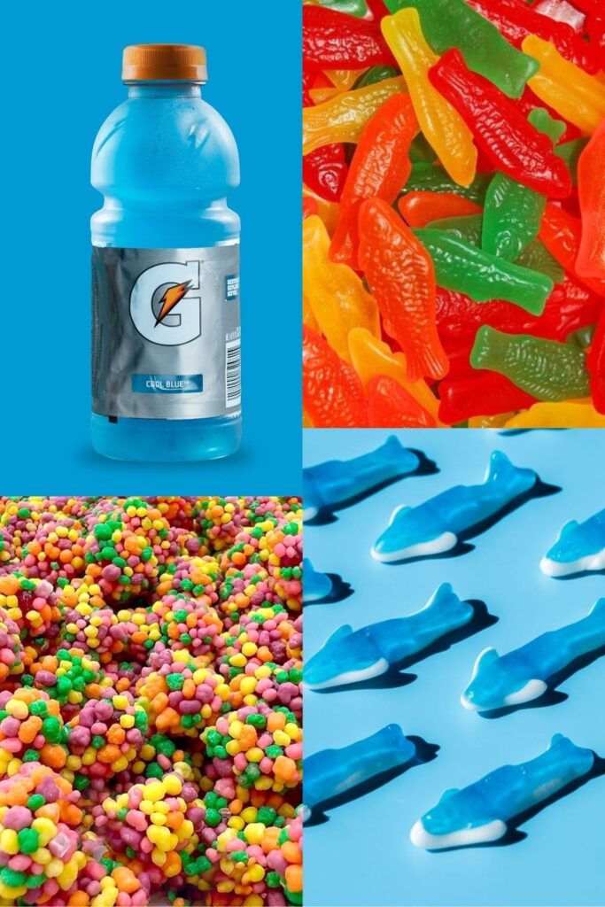 Blue Gatorade, shark candy, and Swedish fish candy.