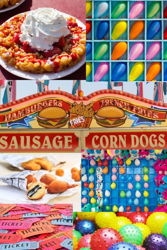 Carnival themed party collage with funnel cake, fried Oreos, and fair inspired games.