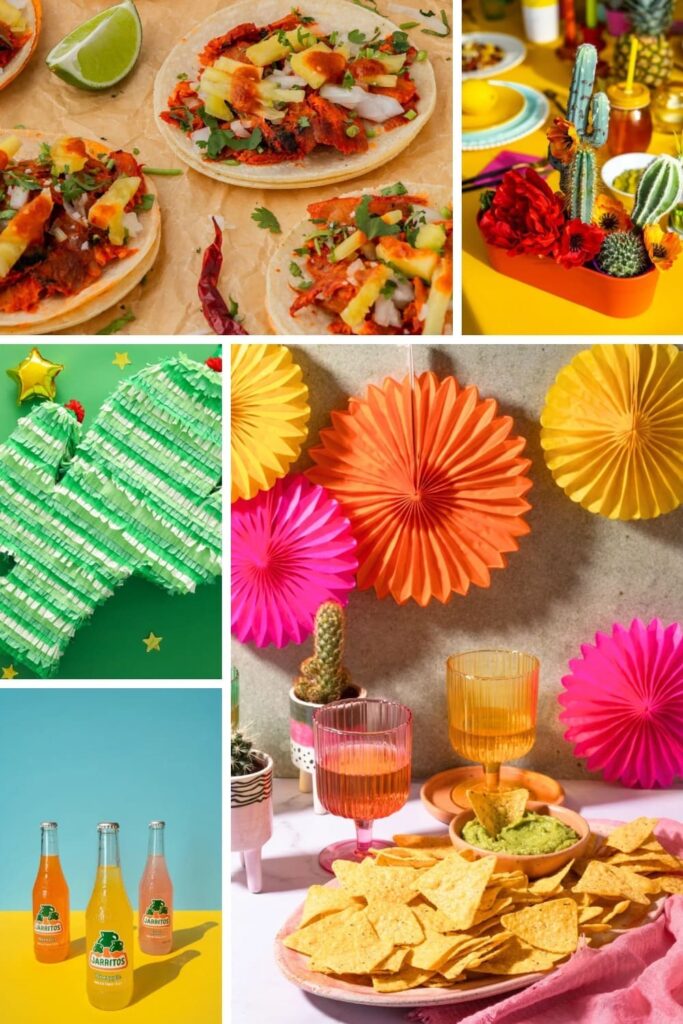 Taco themed party collage with tacos, colorful decorations, and a piñata.