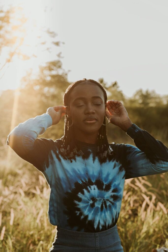 Woman wearing a tie dye shirt